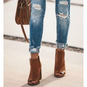 camel colored peep toe booties